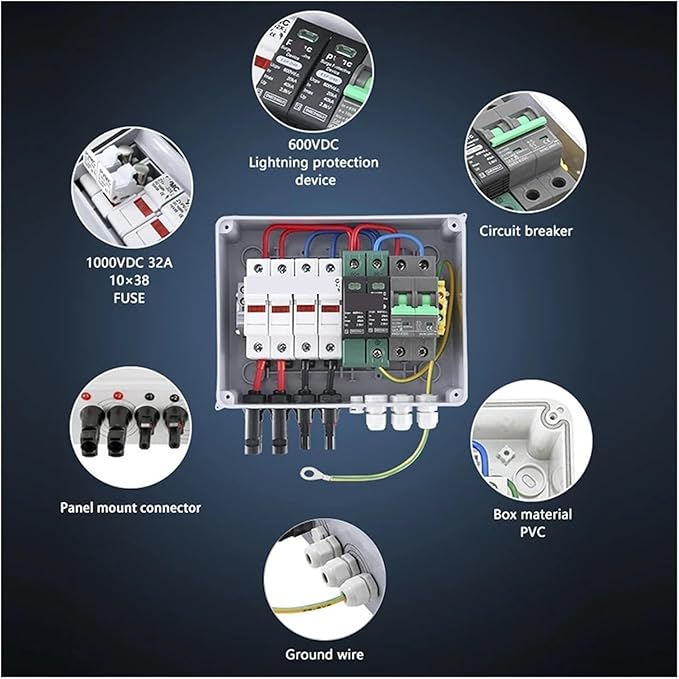 CAARLA Solar Combiner Box 600V 2 in 1 Out Solar photovoltaic PV Combiner Box with Protection DC Fuse MCB SPD Box IP65(DC Fuse 30A)