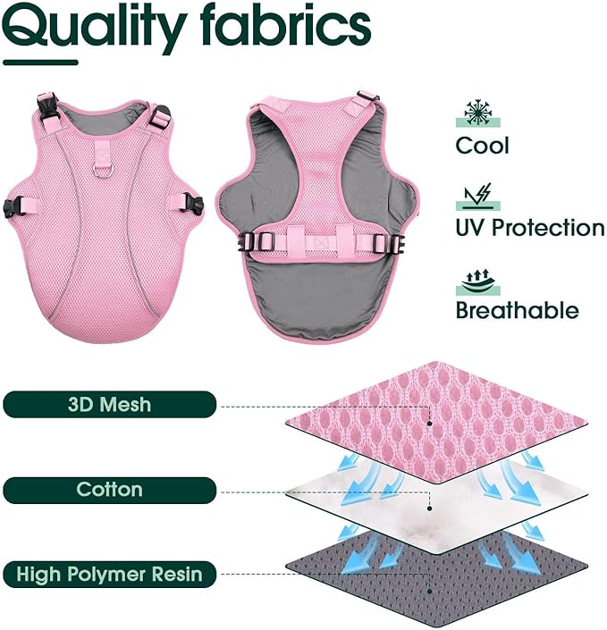 Kuoser Dog Cooling Vest, Pet Cooler Coat, Breathable Doggie Cool Jackets for Medium Dogs, Reflective Cooling Harness, Puppy Summer Essentials Pink M