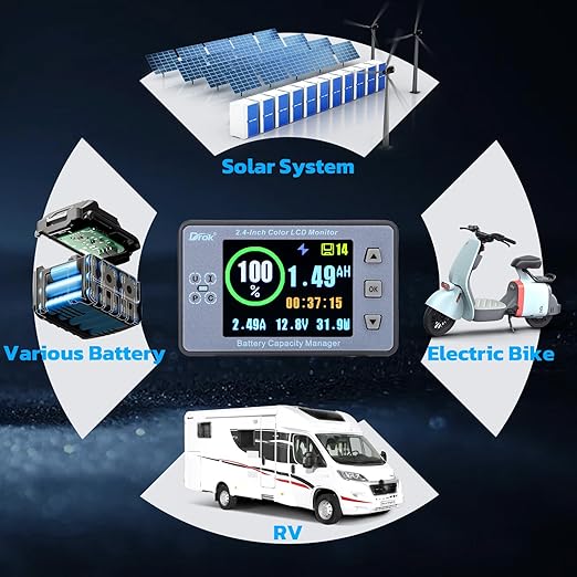 DROK Charge Discharge Monitor, DC 8-100V 200A Battery Monitor 12V 24V 36V 48V 60V Coulometer Watt Meter, 2.4 inch LCD Color Screen Capacity Percentage Time Power Voltmeter Ampmeter for RV Solar Panel