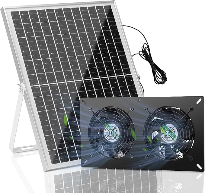 25W Solar 2 Fan Kit for Outdoor Greenhouse, Solar Powered Vent Exhaust Ventilation Fan for Chicken Coop, Shed Air Circulation, 14.7 Ft Long Cord with IP65 Weatherproof Rate