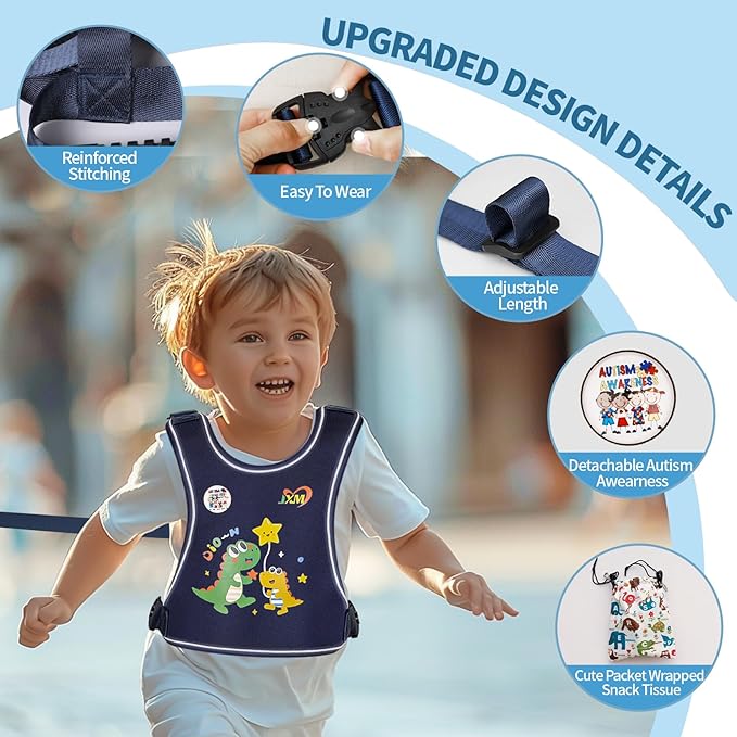 Safety Walking Harness for Kids 3-6, Anti-Elopement Vest Harness for Autism Special Needs ADHD, Reflective Leash with Grab Handle for Autistic, Active Children, Adjustable Tether for Travel and Crowds