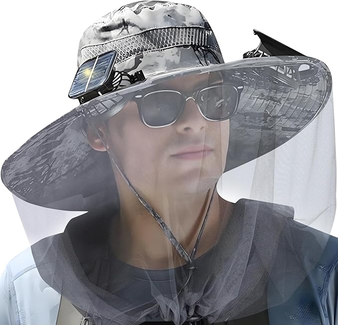 Solar Fan Hat with Mosquito Net, Wide Brim Sun Hat with 2 Solar Powered Fans, Fishing Hat with Solar Fans for Men Women