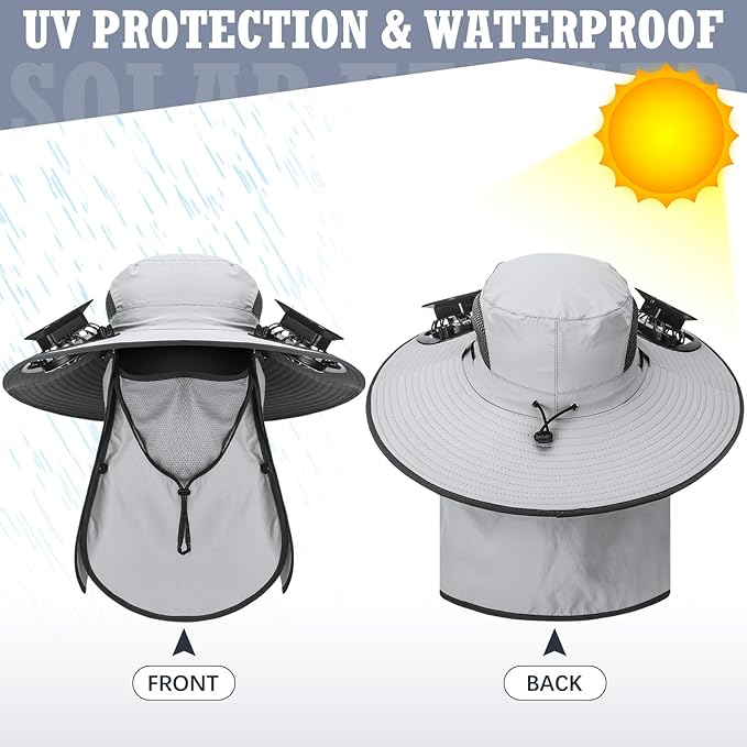 2 Pcs Solar Fan Hats Wide Brim Fishing Hats with 2 Solar Fan and Removable Face Cover Cooling Buckets for Men Women