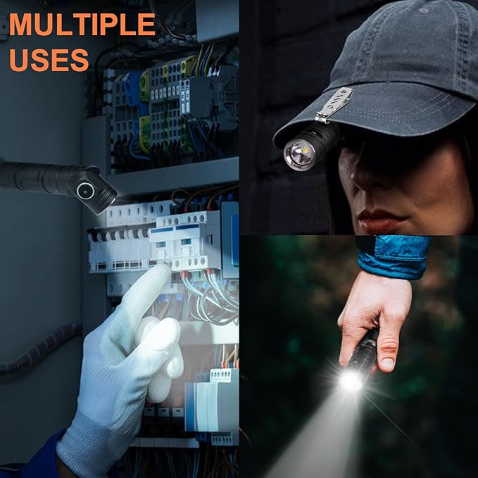 90 Degree EDC Flashlight, 1200 High Lumens Magnetic Flashlight with Clip, 6 Modes Rechargeable Led Headlamp, Pocket Tactical Flashlight for Working, Camping（Battery Included）