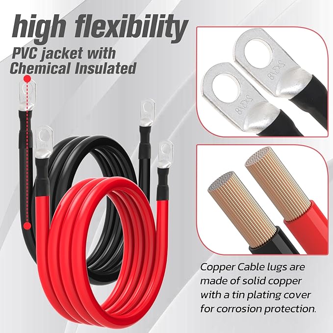 2 AWG Battery Cable 2AWG Gauge Battery Inverter Cables for Automotive Solar Marine Boat RV Car Motorcycle (2 AWG, 7FT, 3/8")