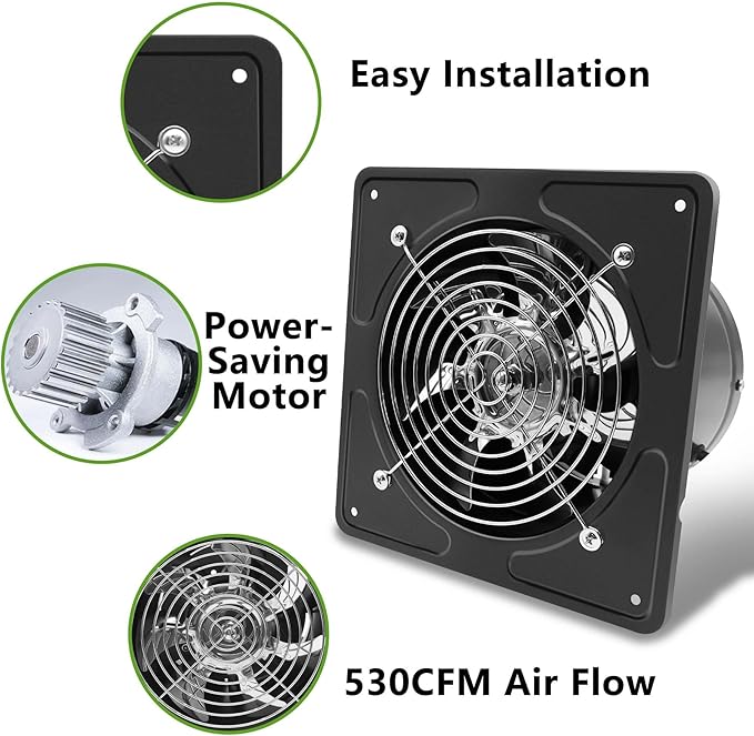 8 Inch Exhaust Fan,530CFM Kitchen Exhaust Fan with Speed Controller,110V 80W Wall Mounted Vent Fans with Damper for Shop, Smoking Room, Industrial Ventilation Use (8-inch Black)