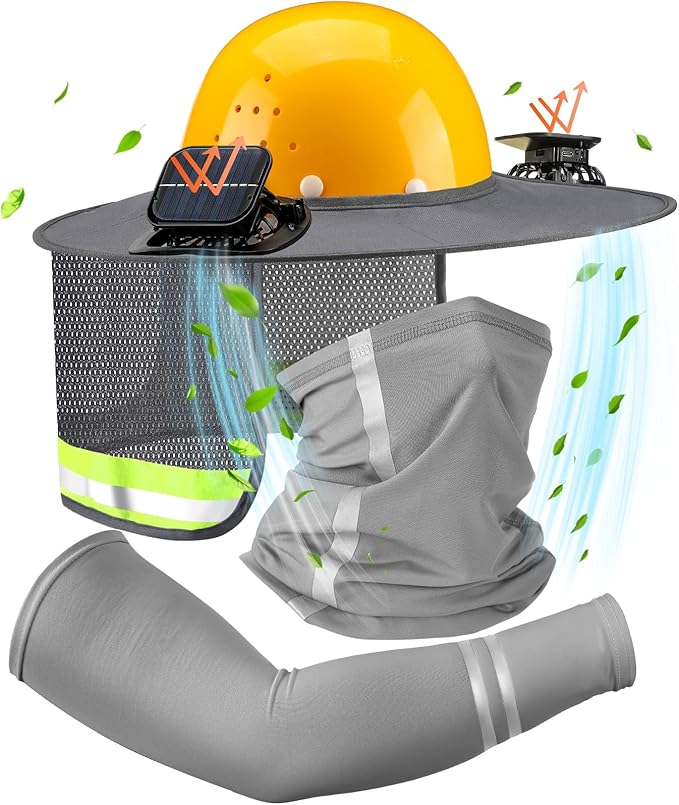 1 Set Sun Hard Hat Shade Full Brim Hard Hat Sun Visor with Solar Fans and Neck Sunshade Cover UV Reflective Strap Arm Sleeves Summer Protection Accessories