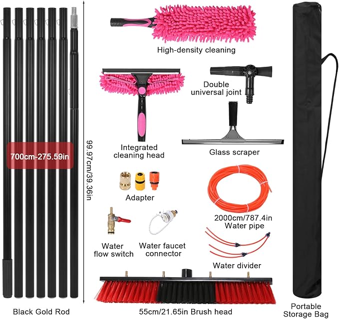 Solar Panel Cleaning Brush Water Fed Pole Brush Kit with 20m Hose Extendable Solar Panel Washing Tool with 180° Rotating Brushhead for Solar Panel Roof Car