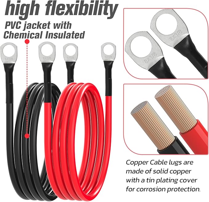 8 AWG Battery Cable 8AWG Gauge Battery Inverter Cables for Automotive Solar Marine Boat RV Car Motorcycle (8 AWG, 4FT, 3/8")