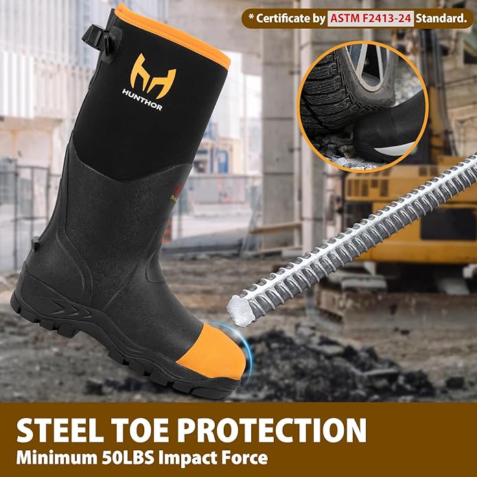 Rubber Work Boots for Men with Steel Toe, 1100N Puncture-Proof Hunting Boots with 7mm Neoprene Waterproof and EVA Midsole, Adjustable Back Gusset, Ideal for Hunting, Work, and Farming Size 7-14