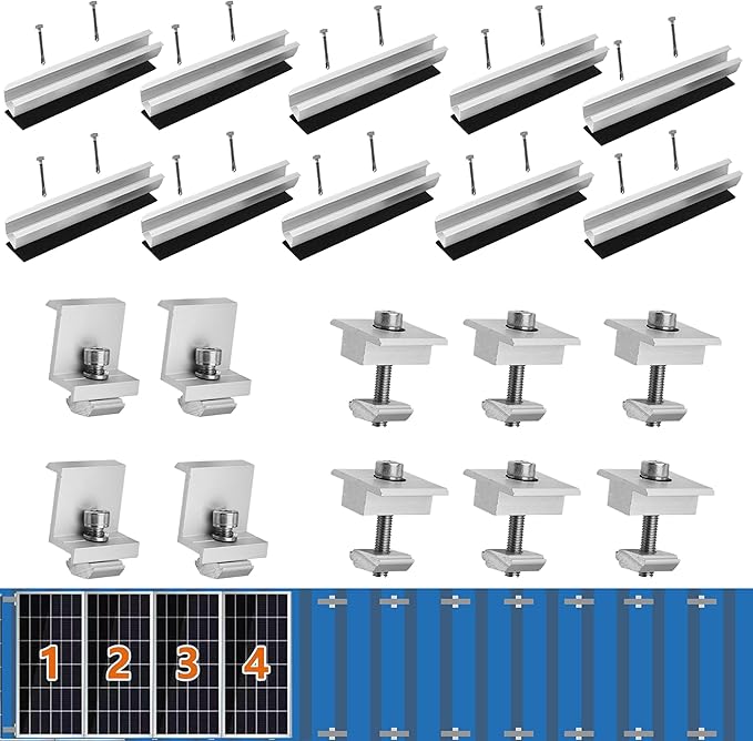 Solar Panel Bracket Kit - 10 Pcs Aluminium Mounting Rail 120mm, Z-Bracket Set, Center Clamps, Solar Mounting Rail Connector for Metal, Tin, Flat, Sheet Roofs