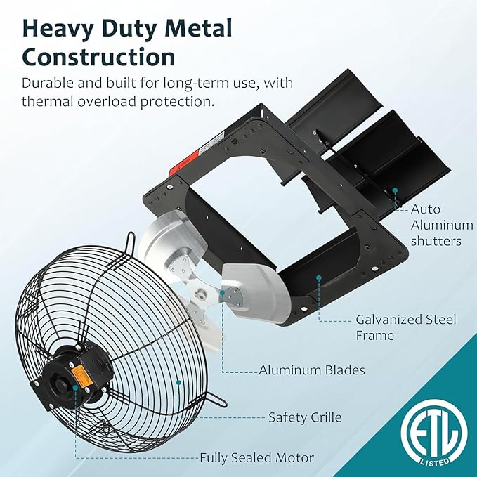 Xcity 12 inch Shutter Exhaust Fan, Wall Mounted Fan High Velocity 950 CFM, 1600 RPM, Auto Aluminum Attic Vent Fan, Low Noise for Garage,Warehouse, Greenhouse Ventilation Cooling