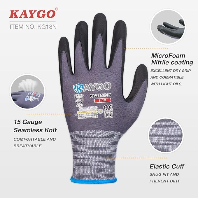 KAYGO Safety Work Gloves MicroFoam Nitrile Coated, 3 Pairs KG18NB,Seamless Knit Nylon Glove for Men and Women, Ideal for Automotive,Warehouse,Construction (Small,Gray)