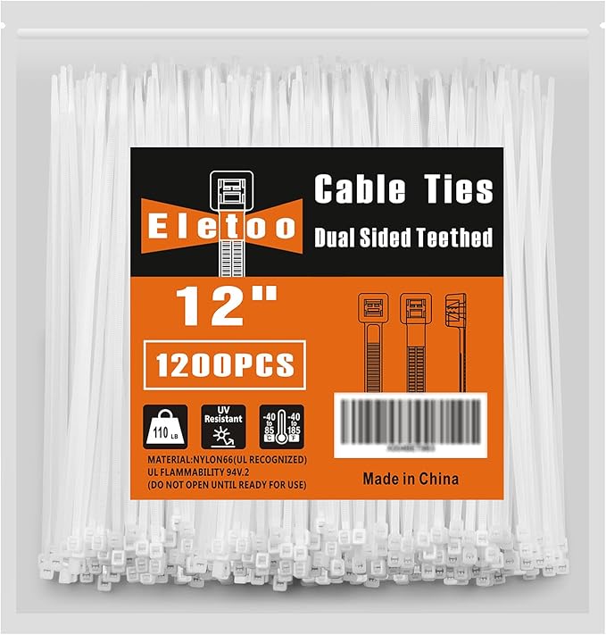 12 Inch White Zip Ties (1200 Pack), 2025 New Patented Design,110 LBS Tensile Strength, Self-Locking Nylon PA66 UV Resistant Cable Ties for Indoor and Outdoor Use