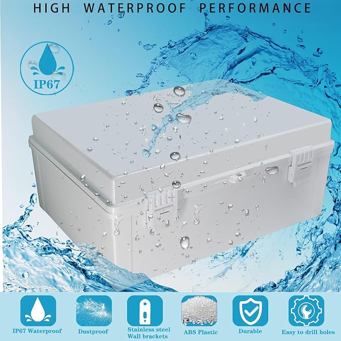 Waterproof Outdoor Electrical Box Junction Box Weatherproof IP67 ABS Plastic Enclosure Switch Router Project Box with Mounting Plate with Wall Bracket 2 Cable Glands Grey 15.74" x 11.81" x 6.7"
