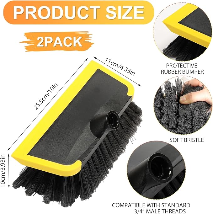 2 Pcs 10 Inch Solar Panel Soft Brush Cleaner Head, Bristles Scrub Brush with Rubber Protective Pads Prevent Scratches, for Solar Panels, Cars, RV, Trucks, Boats, Facades of Houses(Gray Black)