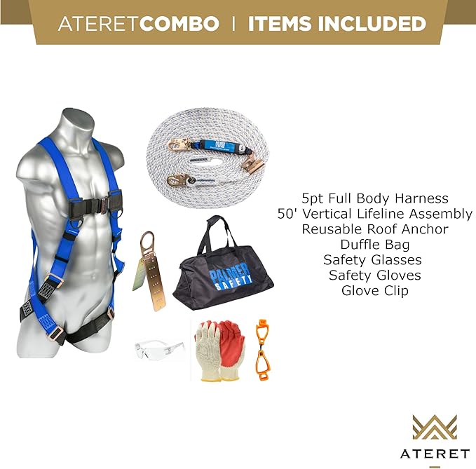 Palmer Safety Fall Protection Roofing Bucket Kit I Full-Body Harness, 50' Vertical Rope & Anchor Set I Safety Harness Kit
