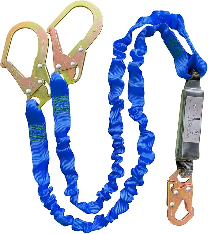 6FT Double Leg Internal Shock Absorbing Safety Fall Protection Lanyard with Dual Rebar & Snap Hook |Heavy-Duty Webbing | Roofer, | OSHA & ANSI Rated (AZ369-B-Shock Absorbing-Blue)