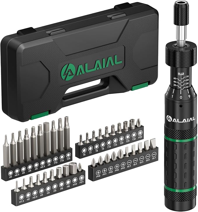Torque Screwdriver Set 10-70 in-lb, Adjustable Inch-Pound Torque Driver Kit with S2 Steel Bits & Case – Prevents Over-Tightening for Scope Mounting, Electronics & Bicycle Maintenance