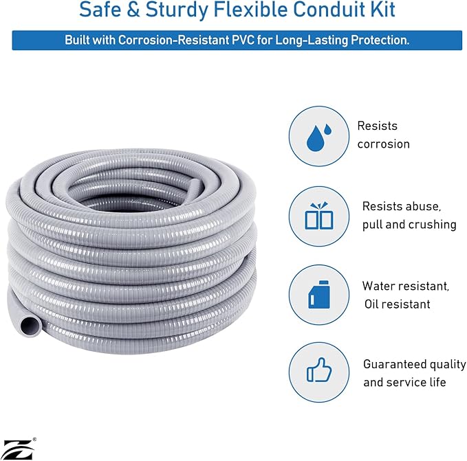 Z 1/2" Dia * 50 Feet Flexible Electrical Conduit Liquid Tight PVC Conduit Kit with 5 PCS Coupling, 5 PCS Elbow and 10 PCS Strap