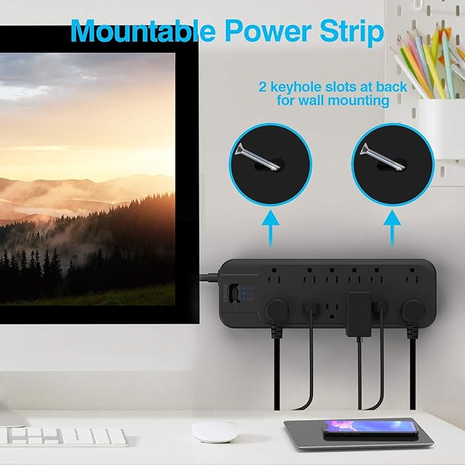 VINTAR Power Strip Surge Protector with 12 AC Outlets, 1875W Output, 10FT Long Extension Cord Flat Plug with Dual Surge Protection (2 × 4800 Joules) for Office, Home, ETL Listed, Black