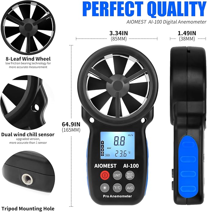 AIOMEST Digital Anemometer, Handheld Wind Speed Meter AI-100, Airflow Gauge Measures Air Temperature ℃/℉ Velocity for HVAC with Wind Chill Backlight