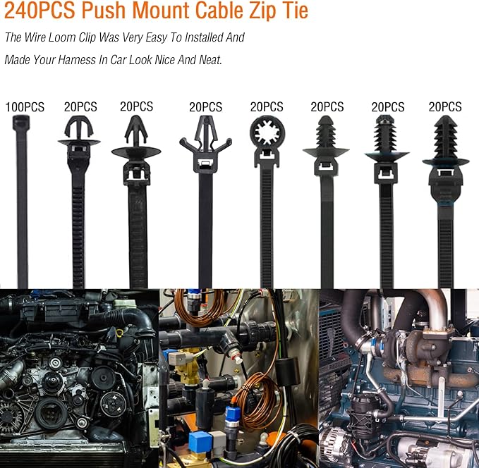 240Pcs Push Mount Cable Zip Tie,Nylon Self Locking Cable Strap,8 Most Popular Sizes,Heavy Duty Self-Locking UV Resistant Wire Ties - For Indoor,Construction,Electronic and Auto