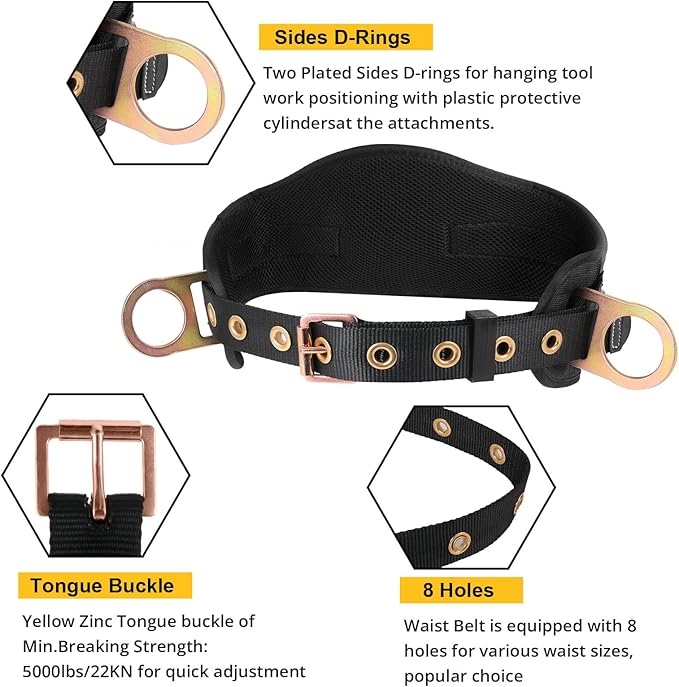 TRSMIMA Safety Harness Climbing Belt - Black Body Fall Protection Men Roof Tree Work Waist-Tongue Buckle Pad D-Ring