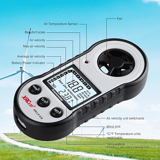Digital Wind Speed & Temperature Anemometer, handheld Wind Gauge for Shooting, Windsurfing, Hunting - Gray
