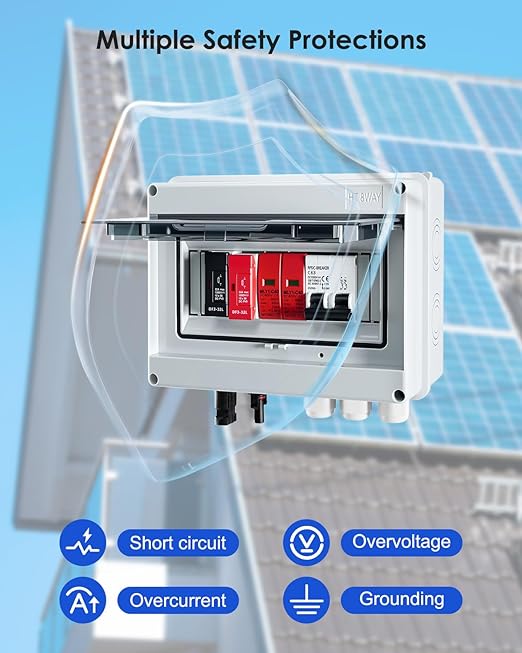 600V Solar DC PV Combiner Box, 1 String IP65 Waterproof 63A Circuit Breaker Box, 2Pcs 32A Fuse & Lightning Arrester Connector for On/Off Grid Solar Panel System, 1 Input 1 Out