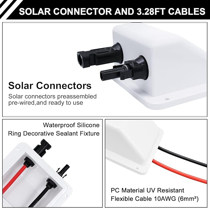 Solar Cable Entry Gland with 10AWG 3.28Ft Solar Extension Cable, UV Resistance, Waterproof Solar Junction Box for RV, Boat, Campe, Van(White)