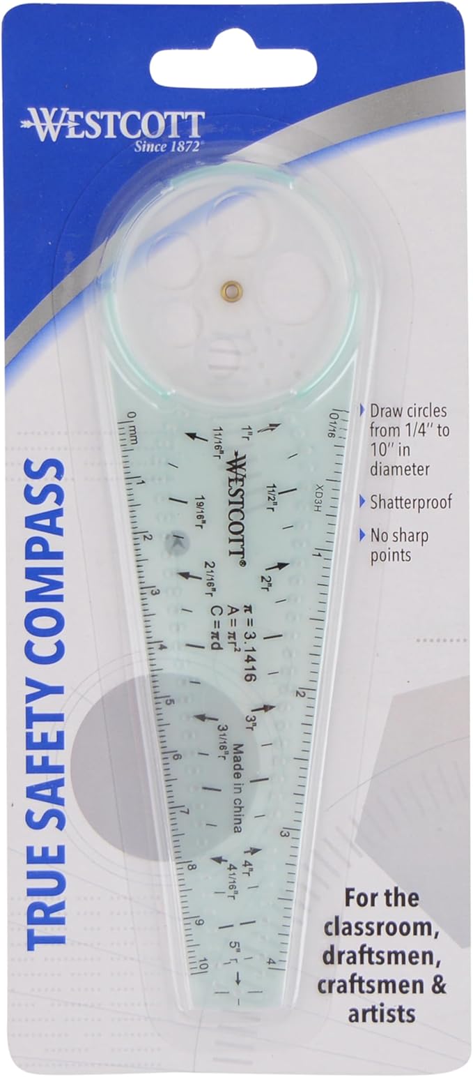 Westcott 00516 Safety Compass for Geometry, Drafting, Classrooms, Crafters and Artists, Shatterproof, Translucent Drawing Compass Creates Perfect Circles from 1/4-Inch to 10 Inches