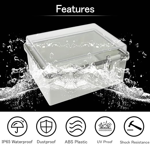 Junction Box IP65 Waterproof ABS Plastic Enclosure Hinged PC Clear Cover Electrical Project Box with Mounting Plate, Wall Brackets, Cable Glands 8.7"x 6.7" x 4.3"(220 * 170 * 110mm)
