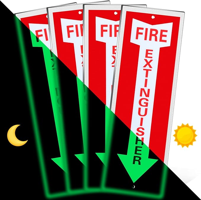 Tondiamo 4 Pack Fire Extinguisher Sign Glow in the Dark Fire Rust Aluminum Signs 4 X12 Inch Laminated for Ultimate UV, Weather, Scratch, Water and Fade Resistance, Indoor and Outdoor