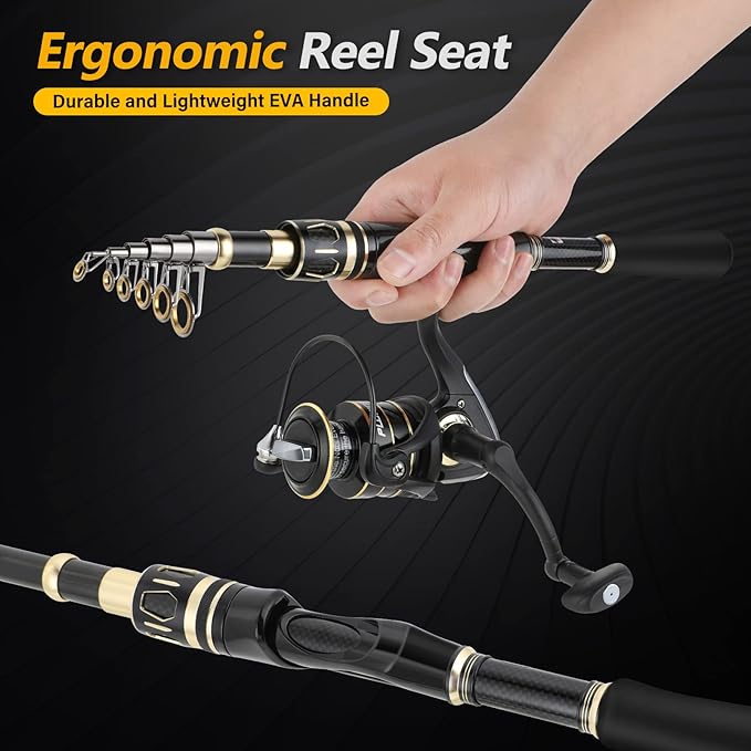 PLUSINNO Fishing Rod and Reel Combos Set,Telescopic Fishing Pole with Spinning Reels, Carbon Fiber Fishing Rod for Travel Saltwater Freshwater Fishing