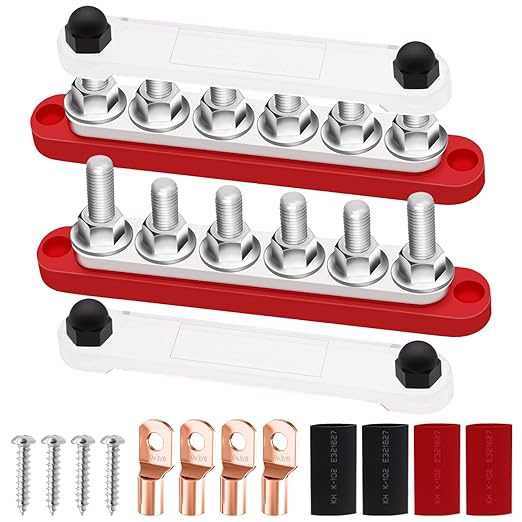350A Bus Bar 12V Marine 6 x 3/8" (M10) Terminal Studs 12V-48V Power Distribution Block with Cover,with 4PCS Battery Lugs and 4PCS Heat Shrink Tubing Busbar for Boat Automotive Car