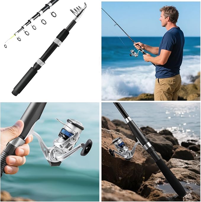 Telescopic Fishing Rod and Reel Combo, 2PCS 5.9FT Collapsible Fishing Pole Set with Pre-Loaded Spinning Reel Lures and Carrier Bag, Saltwater Freshwater Fishing Gear for Adults