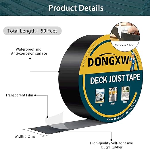 12 Packs Deck Joist Tape, 2" x 50' Waterproof Butyl Joist Tape for Decking 2inch, Flashing Tape Self-Adhesive Joist Tapes for Decks Beams Extend Wood Deck Life