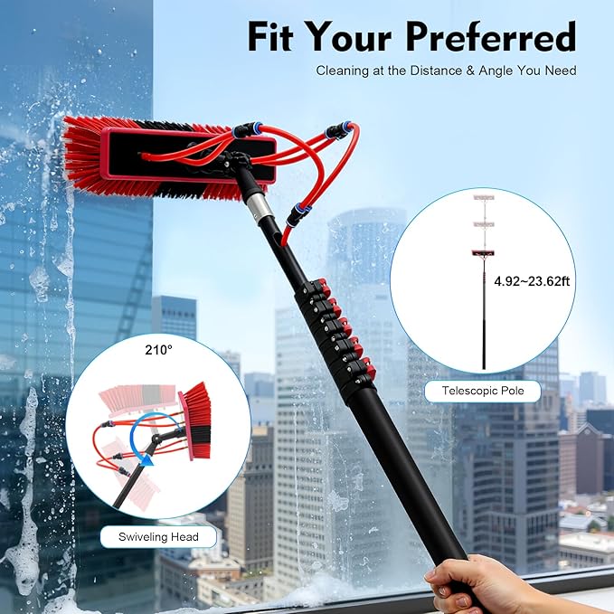 TFCFL Professional Water Fed Pole Kit, 24ft Telescopic Aluminum Alloy Window & Solar Panel Cleaner with 65ft Hose, 210° Rotating Brush, 4 Water Jets for High Reach Cleaning, Car, Glass Roof