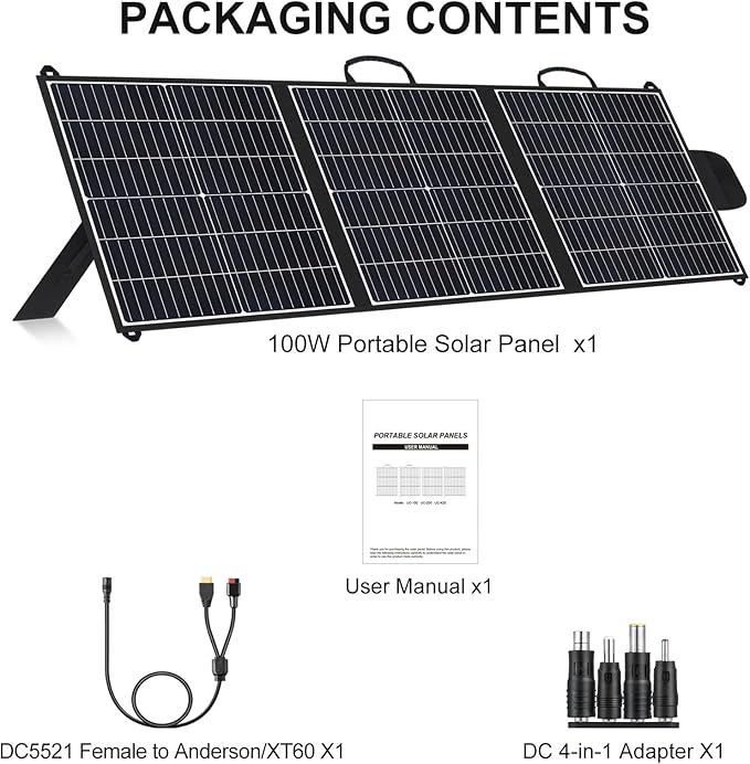 100W Portable Solar Panel, 20V Foldable Charger with USB-A QC3.0 and Type-C PD45W. Lightweight Design for Outdoor Camping, RV Trips and Hiking, powering Mobile Phones and Energy Storage Devices