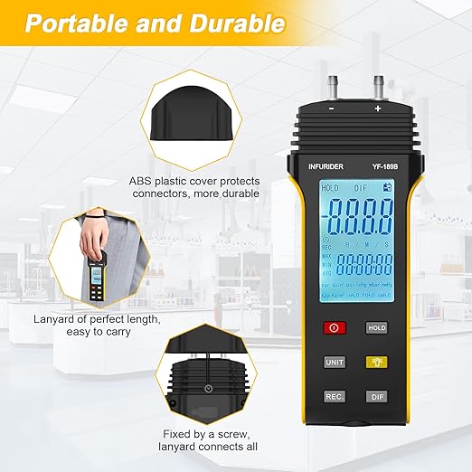 Manometer, HVAC Digital Manometer Gas Pressure Tester, Handheld Air Pressure Meter, 11 Optional Units Differential Pressure Gauge YF-189B with Backlight, Data Hold Function