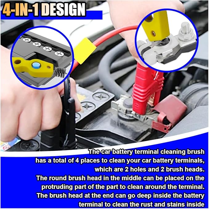 4 in 1 Car Battery Terminal Cleaner, Car Battery Post Cleaner, Anti-Rust Car Battery Terminals Machine Parts Cleaning Brush, Universal Car Cleaning Tool Accessories (Yellow, 1PC)