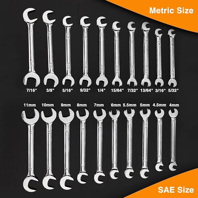 Mini Double Open End Wrench Set Metric and SAE 20 Pcs 4-11mm & 5/32" to 7/16" Mirror Chrome Finish Super Thin Open Ended Spanner Double Angle Head with Portable Storage Pouches
