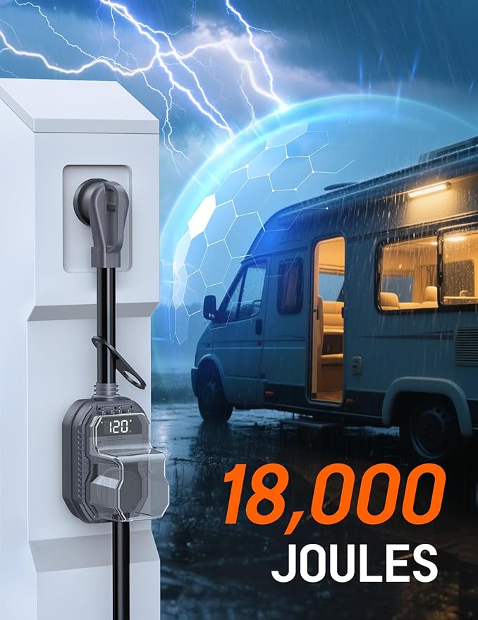 18,000J RV Surge Protector 50 Amp with LED Display, 50 Amp Surge Protector for RV with Voltage Monitoring, Clear Error Codes, Comprehensive Detection, IP68 Waterproof