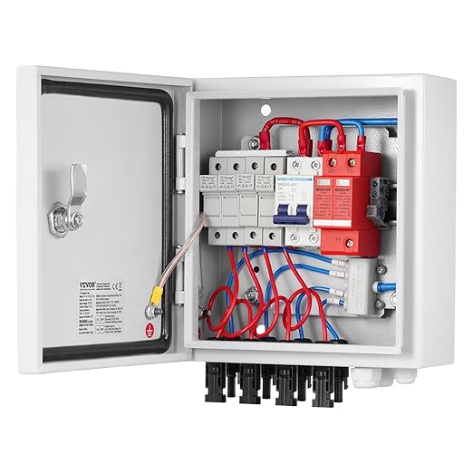 VEVOR PV Combiner Box, 4 String Metal Solar Combiner Box with 15A Rated Current Fuse 63A Circuit Breaker Lightning Arrester, Steel Case for On/Off Grid Solar Panel System, IP65