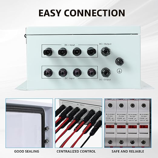 PV Combiner Box 4 String, IP65 Waterproof Solar Combiner with Lightning Arrester, Metal Box, 20A Rated Current Fuse and Circuit Breakers for On/Off Grid Solar Panel System