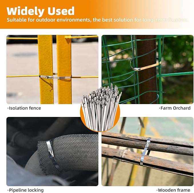 Stainless Steel Zip Ties Heavy Duty (120 PCS) with Metal Cutter, 11.8 Inch Self-Locking Cable Ties for Chain Link Fence, Outdoor, Electrical & Home Use
