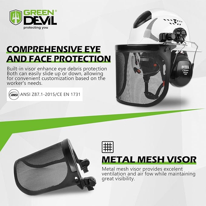 GREEN DEVIL Industrial Chainsaw Helmet with Face Shield Built in Visor and Ear Muffs 4 in 1 System ANSI Z89.1 Safety Hard Hat Adjustable Headgear Ideal for Forestry and Arborist Work Full Brim Style