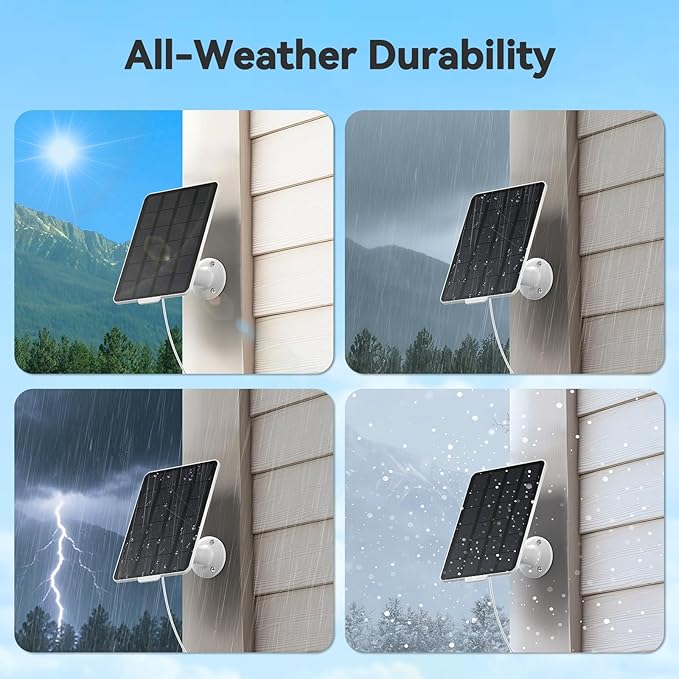 3W Solar Panel for Battery-Powered Security Cameras,USB-C & Micro USB Solar Charger for Wireless Outdoor Cameras,IP65 Waterproof, 9.8ft Cable, 360° Adjustable Mount (White, 2 Pack)
