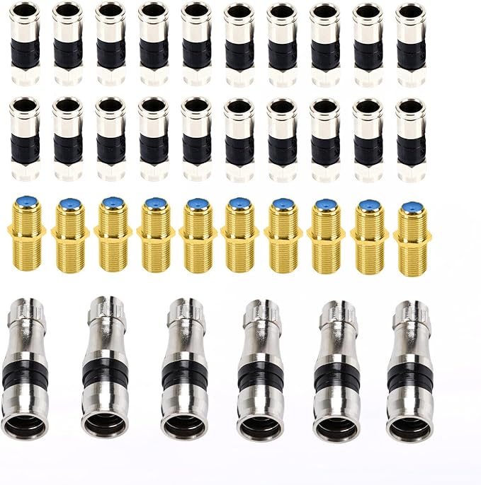 Coax Cable Crimper Kit, Coaxial Compression Tool Adjustable RG6 RG59 RG11 75-5 75-7 Coaxial Cable Stripper with 20PCS RG6 Connectors, 10PCS Female to Female Connectors, 6PCS RG11 Connector